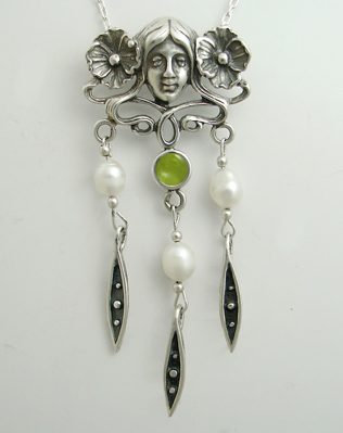 Sterling Silver Woman Maiden of the Garden Necklace With Peridot And Cultured Freshwater Pearl